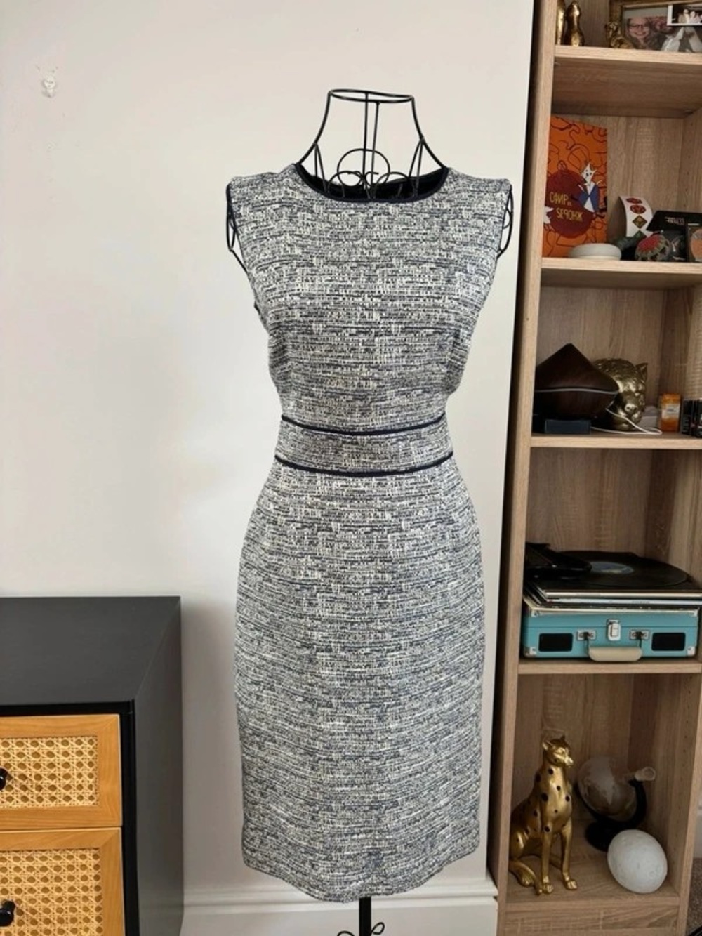 Sleeveless Tweed Midi Sheath Dress in Black and White
